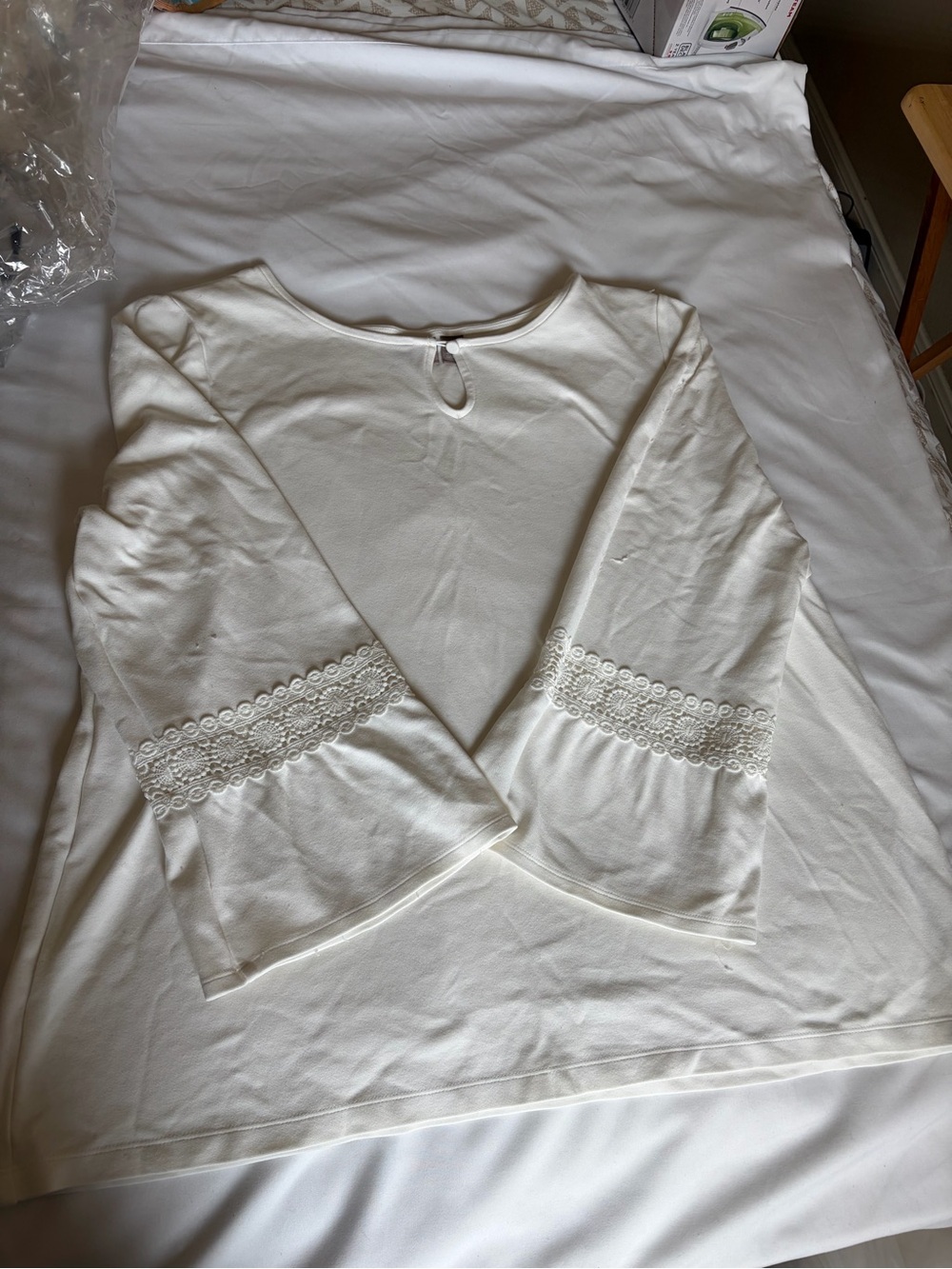 Chico's white  Bell Sleeve Top with Lace Trim